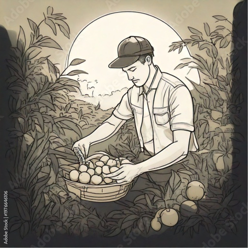 Farmer picking fruit from trees in a field at sunrise.