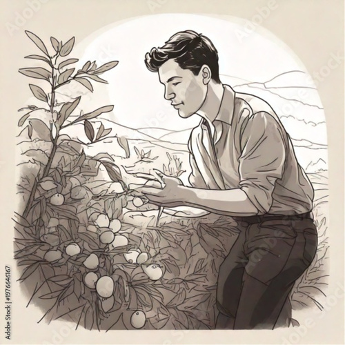 Young man tending to a small plant in a field.
