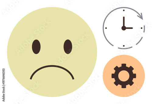 Time management, emotions, productivity, efficiency, work-life balance, deadlines. Sad face emotion paired with a clock and gear icon. Time management and productivity challenges visually