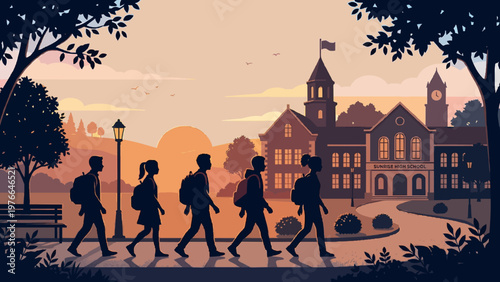 Silhouettes of five students walking towards a grand university building at sunset, framed by trees.