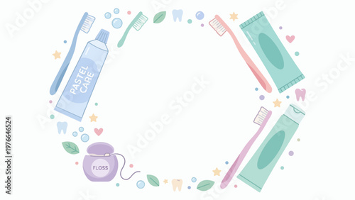 Pastel colored dental hygiene items forming a decorative circular frame on a white background, featuring toothbrushes, toothpaste, and floss.