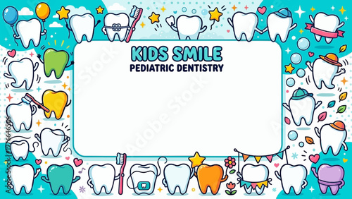 A vibrant cartoon frame featuring numerous happy tooth characters with various accessories surrounding 