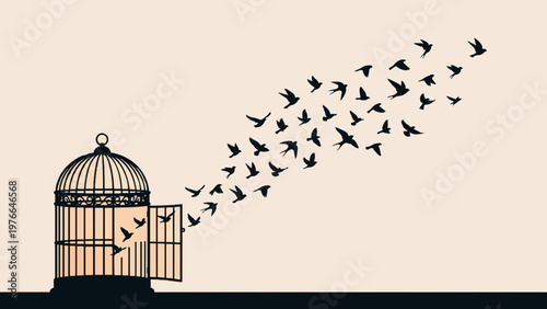 Freedom Birds Flying from Cage: New Beginnings Silhouette