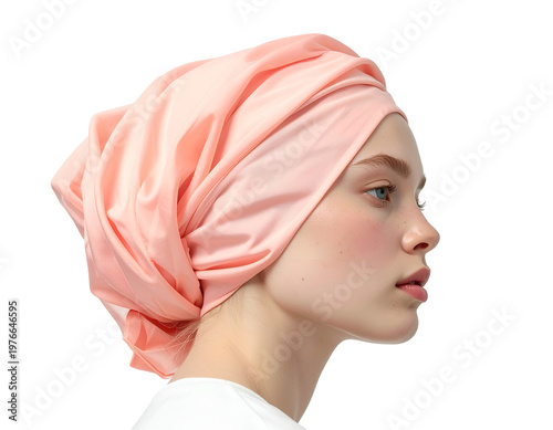 Profile of a woman with a voluminous, draped peach headscarf