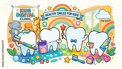A vibrant cartoon illustration of four happy teeth characters promoting dental hygiene for kids at a colorful dental clinic with a rainbow and playful animals.