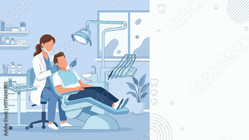 Female dentist examining a male patient in a modern dental clinic with professional equipment.