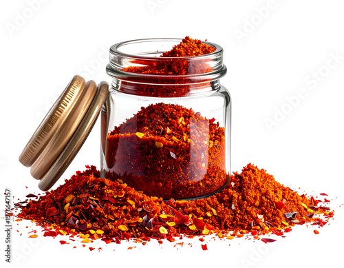 Small glass jar overflowing with vibrant red chili flakes and powder