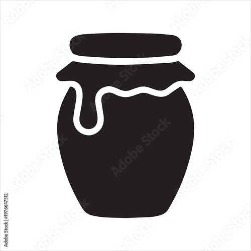 Brown pottery jug of honey and black iron pot, isolated on a white background