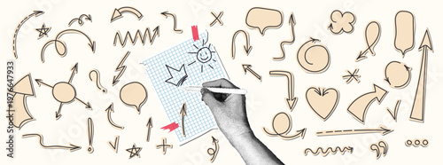 Hand-drawn doodle set: vector arrows and doodle symbols on checkered paper. Trendy halftone collage. Creative sketching process for a graphic designer. Business planning and brainstorming training