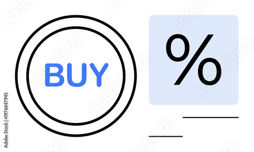 Online shopping, e-commerce marketing, retail discounts, digital sales, consumer behavior, percentage discounts. Circular buy button next to a percentage sign. Online shopping and e-commerce