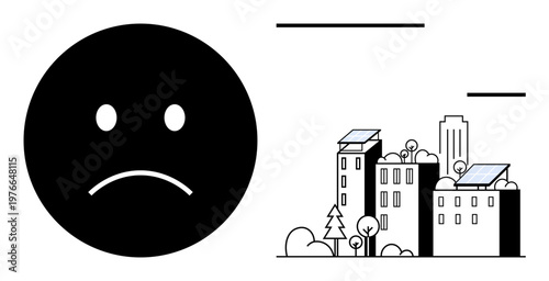Environmental issues, renewable energy, sustainable cities, ecological challenges, urban planning, modern architecture. Sad face next to solar panel-equipped buildings. Environmental issues
