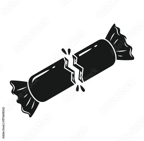 Black broken candy wrapper with crack and bursting effect isolated on white background