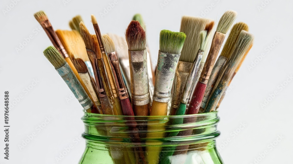 Obraz premium Assortment of used paintbrushes densely arranged in a green glass jar