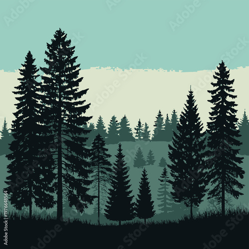 Evergreen forest tree line silhouettes with subtle gradient layering against a neutral background, creating a serene natural landscape vista.