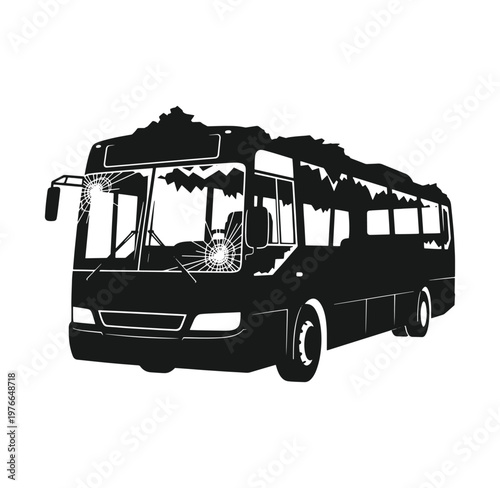 black silhouette of a bus with broken windshield on white background