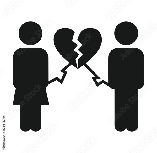 black silhouette of a couple holding a broken heart on white background