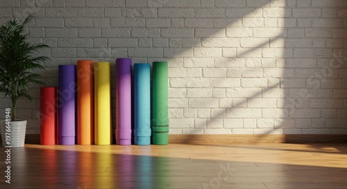 Colorful yoga mats against a brick wall lit by sunlight creating shadows