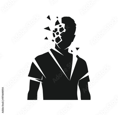 Black silhouette of a man with a shattered face  mental health and stress concept