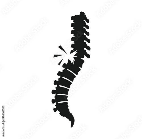 black silhouette of a spine with a burst of pain on transparent background