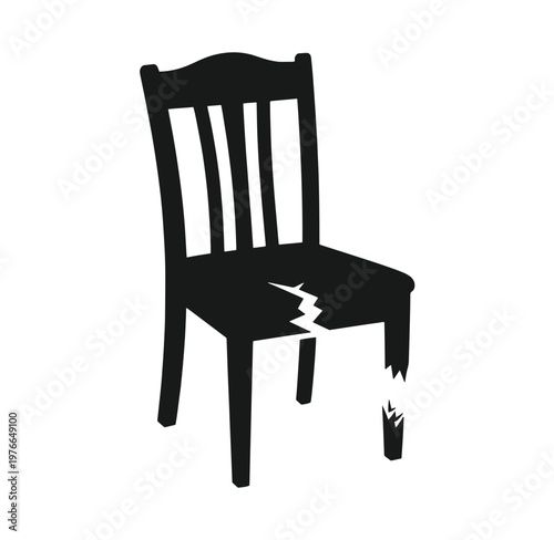 broken chair with one leg detached and cracked seat on white background