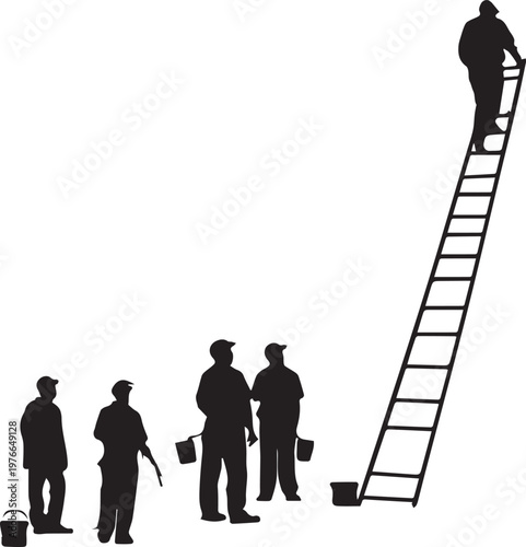 Professional maintenance crew silhouettes working together on ladder painting building exterior surface