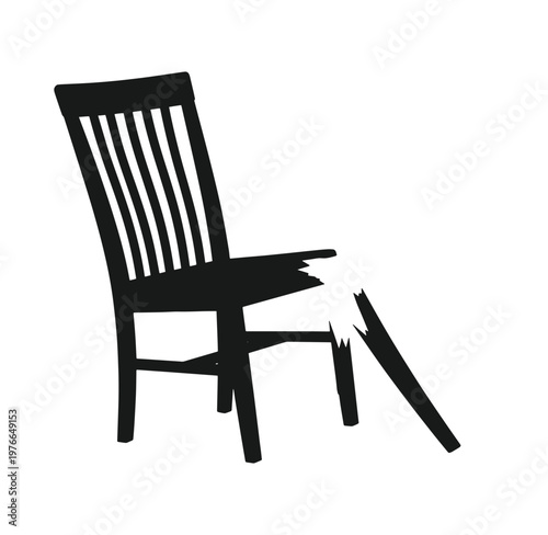 broken chair with one leg detached and falling down on white background