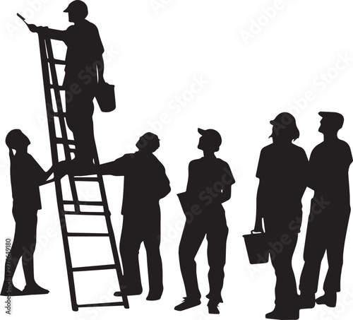 Professional maintenance crew silhouettes working together on ladder painting building exterior surface