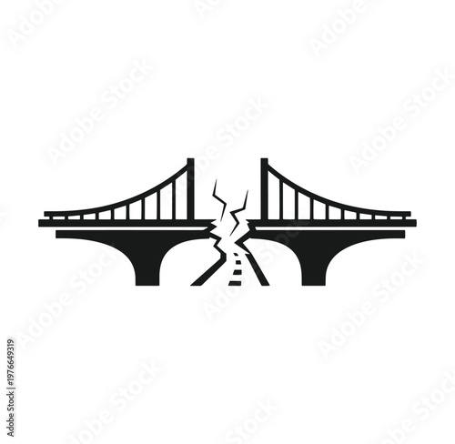 broken suspension bridge with cracked road surface and separated sections