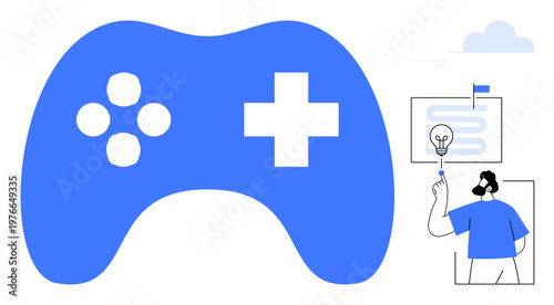 Gaming, strategy development, innovation, creativity, conceptual planning, technology, entertainment. Blue game controller next to a man pointing at a chart with a lightbulb. Gaming and strategy