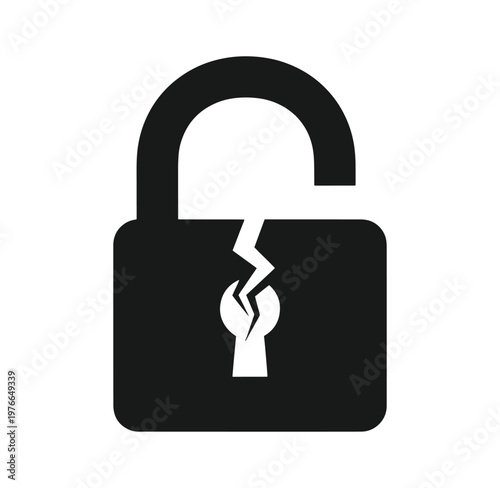 broken lock with cracked keyhole icon symbolizing security breach or vulnerability