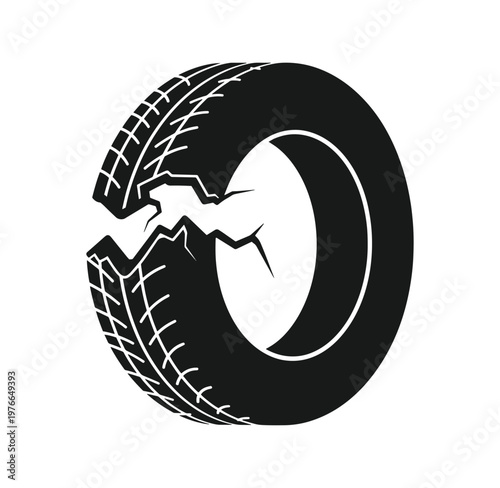 broken tire with cracked rubber and damaged tread pattern