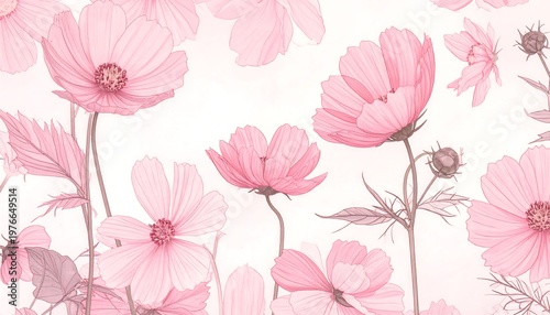 A beautiful floral pattern featuring pink flowers on white background