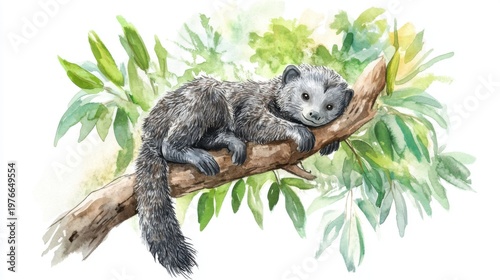 Watercolor Binturong Resting on a Tree Branch