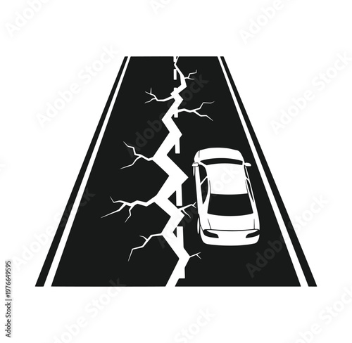 car on cracked road with white lines isolated on white background