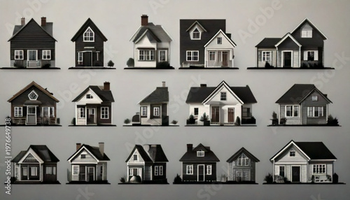 Collection of Diverse Architectural House Styles in Sepia Tone.