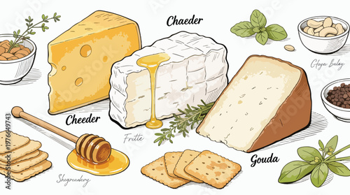 Cheese and Honey Snack Set Vector Illustration Gourmet Charcuterie Board Sketch