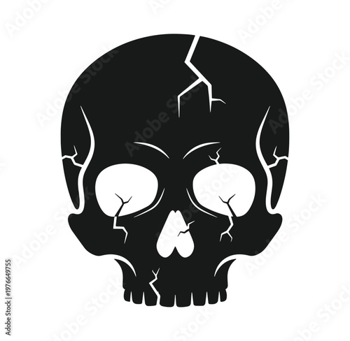 cracked black skull with white cracks and holes on white background