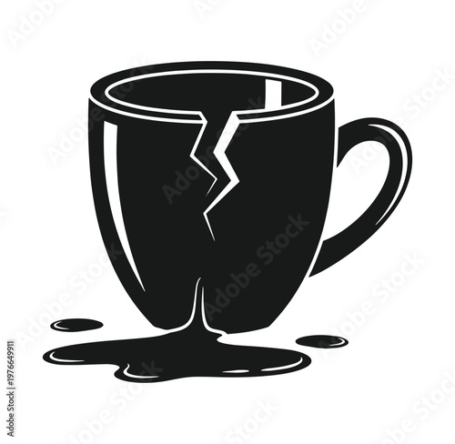 Cracked coffee cup with liquid spilling out on white background