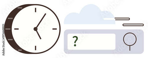 Time management, decision-making, productivity tools, planning, efficiency, and prioritization. Clock and question mark on a dynamic background. Time management and decision-making