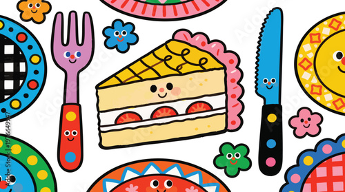 Colorful Naive Hand-Drawn Vector of Cute Cake Slice, Fork, Knife and Smiley Flowers
