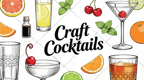 Craft Cocktails Vector Set with Hand-Drawn Ingredients, Glassware and Citrus Fruit