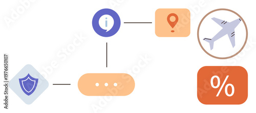 Travel planning, security systems, navigation tools, decision-making, aviation services, discounts. Diagram a shield, info icon location pin airplane and percentage symbol. Travel planning