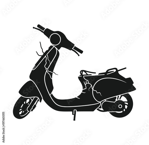 Cracked scooter silhouette with white outline on plain white background