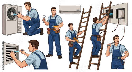 HVAC technician cartoon set shows a maintenance worker in blue overalls performing air conditioning service with various tools, including ladder and screwdriver, set against a clean white