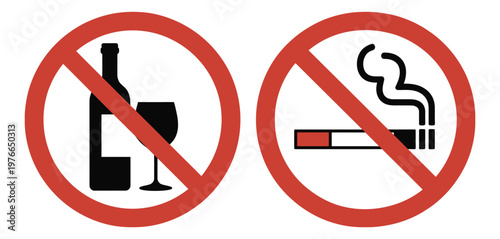 No alcohol no smoking prohibition signs flat vector, health safety rules, restricted behavior symbols, red forbidden circle icons, cigarette and bottle ban, clean minimal design.