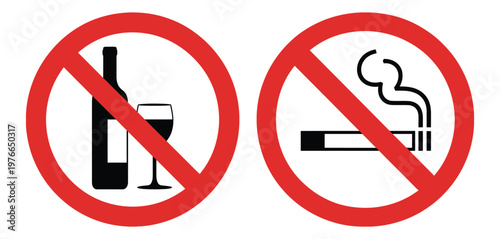 No alcohol no smoking prohibition signs flat vector, health safety rules, restricted behavior symbols, red forbidden circle icons, cigarette and bottle ban, clean minimal design.
