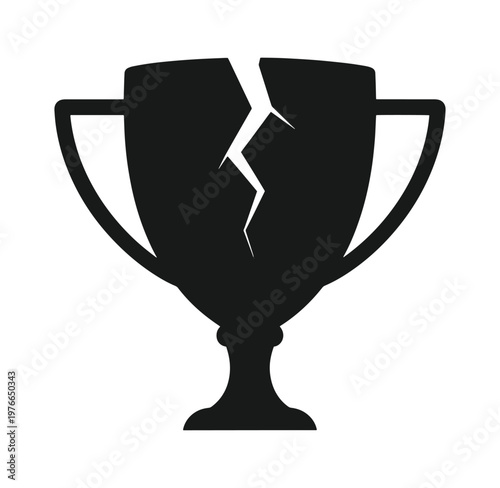 Cracked trophy cup with two handles on white background