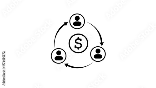Online collaboration circular flow of money and people with a dollar sign at the center surrounded by three human figures in a continuous loop with arrows indicating movement on a
