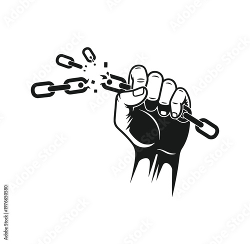 Hand breaking free from chain links in a powerful gesture of liberation