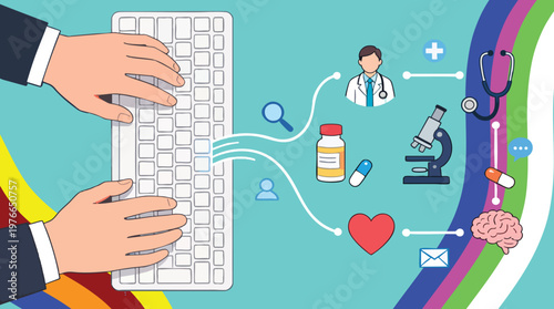 Digital Healthcare Concept Hands Typing on Keyboard Connecting to Medical Icons